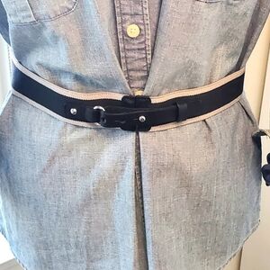 LOFT BLACK GREY STRIPE STRETCH BELT BLACK LEATHER FOLD OVER BUCKLE WOMEN OS